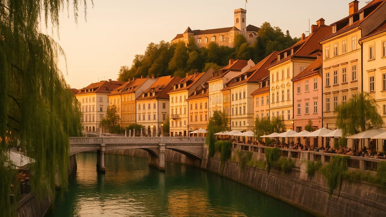 Ljubljana's old town at golden hour, the green Ljubljanica river winding past pastel facades and the Triple Bridge, with the castle on the hill above the rooftops.