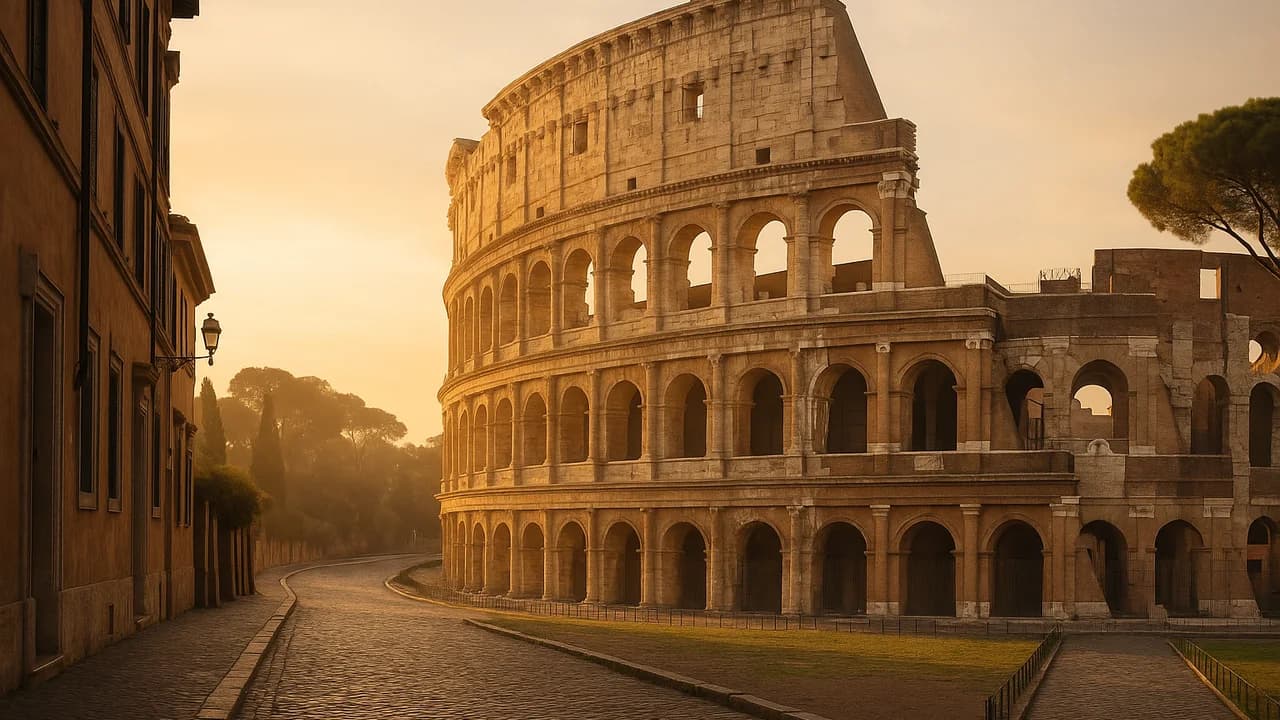 Il Colosseo di Roma illuminato dalla calda luce del primo mattino sopra strade acciottolate deserte