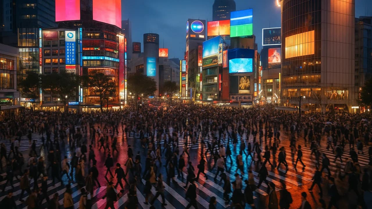 夕暮れの東京で、輝くネオンの看板の下、渋谷スクランブル交差点を渡る人々の群れ
