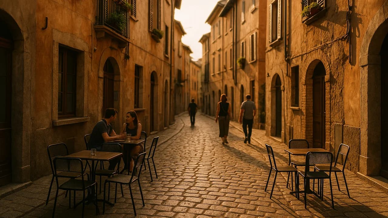 Una tranquilla via laterale acciottolata in una piccola città europea all'ora dorata, con poche persone e i tavolini di un bar sotto la calda luce della sera