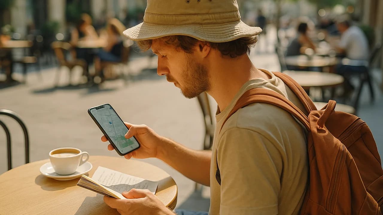 Ein Reisender an einem sonnigen Cafétisch hält ein Telefon mit geöffneter Karte und gleicht sie mit handschriftlichen Reisenotizen ab