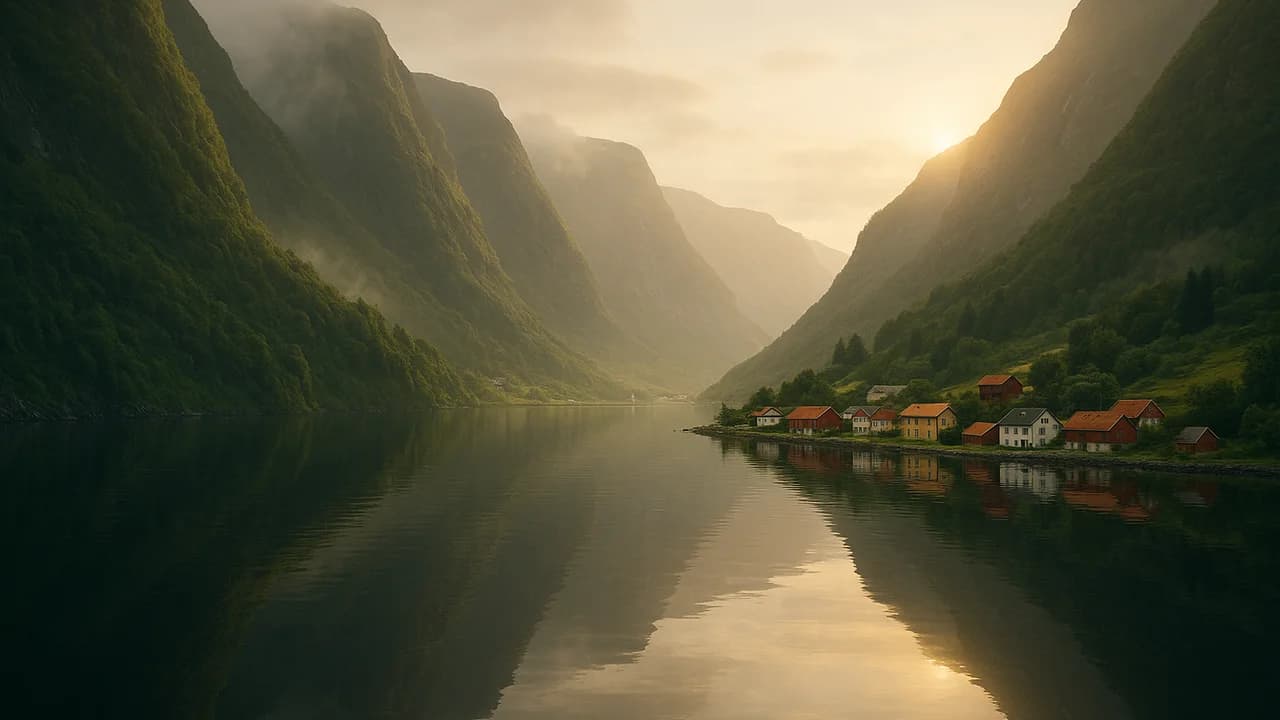Un fjord norvégien paisible à l'heure dorée, une eau immobile reflétant des montagnes vertes escarpées, avec un petit village au bord de l'eau sous une douce lumière brumeuse.