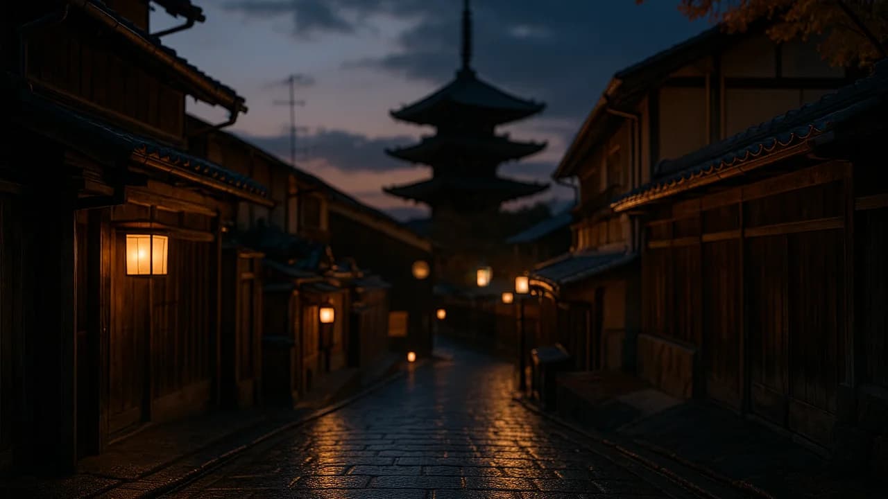 Eine von Laternen erhellte Kyoto-Straße mit hölzernen Machiya-Stadthäusern in der Abenddämmerung, eine Pagodensilhouette ragt vor einem tiefen indigoblauen Herbsthimmel auf.
