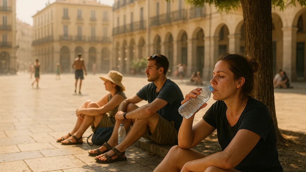 Une place européenne écrasée de soleil en milieu de journée pendant une canicule, avec une brume de chaleur visible et des voyageurs se reposant à l'ombre des arbres, une bouteille d'eau à la main