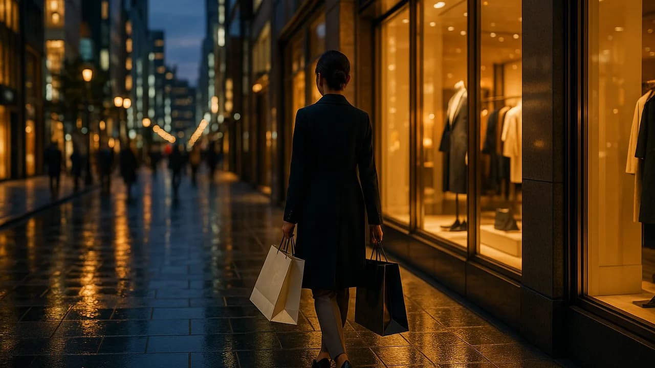 黃昏的東京銀座街頭，一位提著紙質購物袋的旅客走過燈光明亮的精品店櫥窗