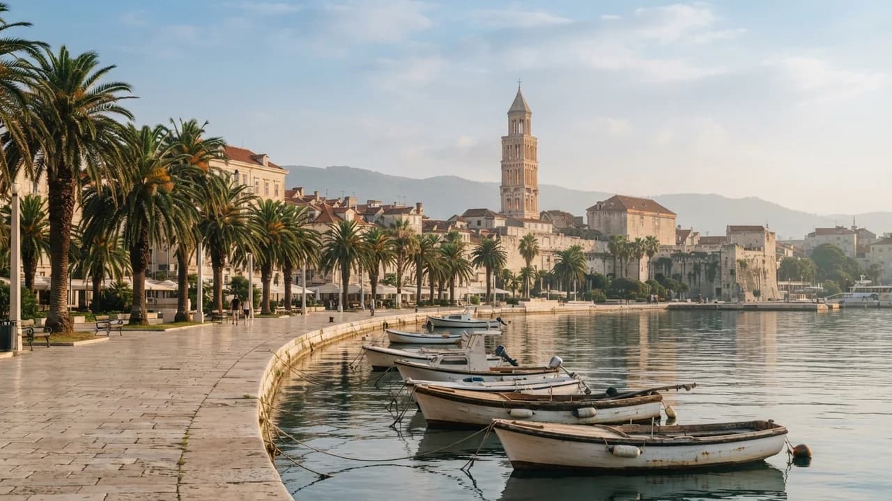 Luz da manhã no calçadão Riva de Split, com palmeiras e a torre do sino do Palácio de Diocleciano acima do centro histórico, à beira do porto no Adriático