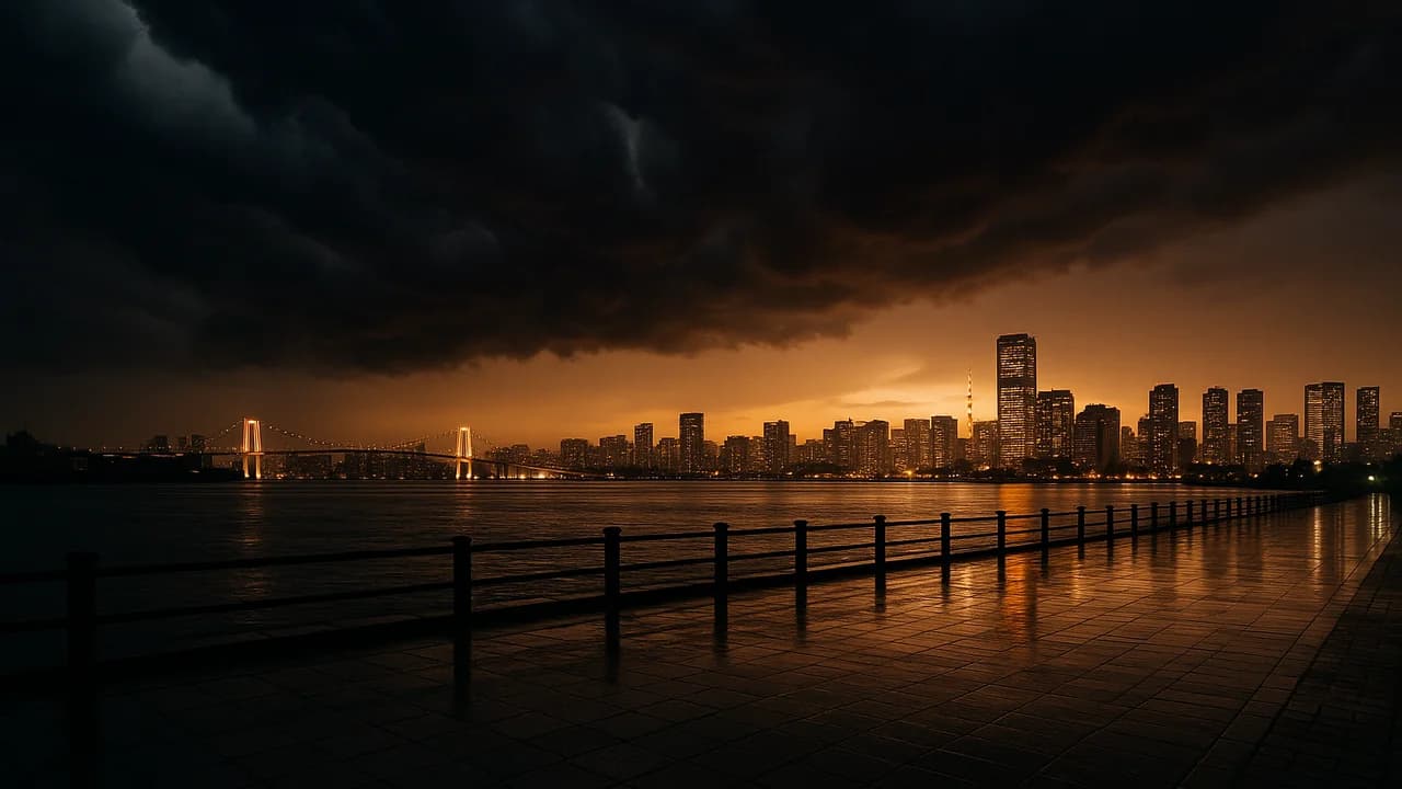 Mây bão đen cuồn cuộn trên đường chân trời Tokyo lúc chập tối, ánh đèn thành phố rực lên giữa trời giông