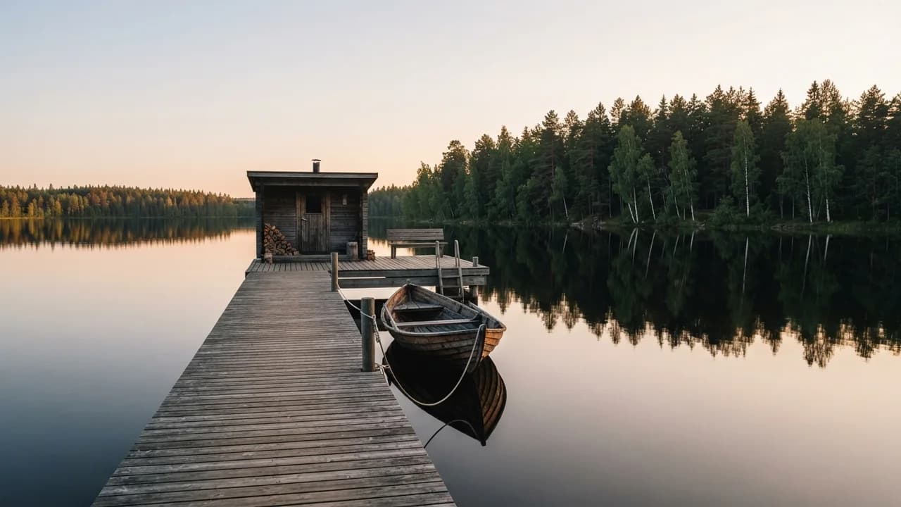A wooden sauna dock reaching into a mirror-calm Finnish lake under low golden midnight sun, with pine and birch forest on the far shore