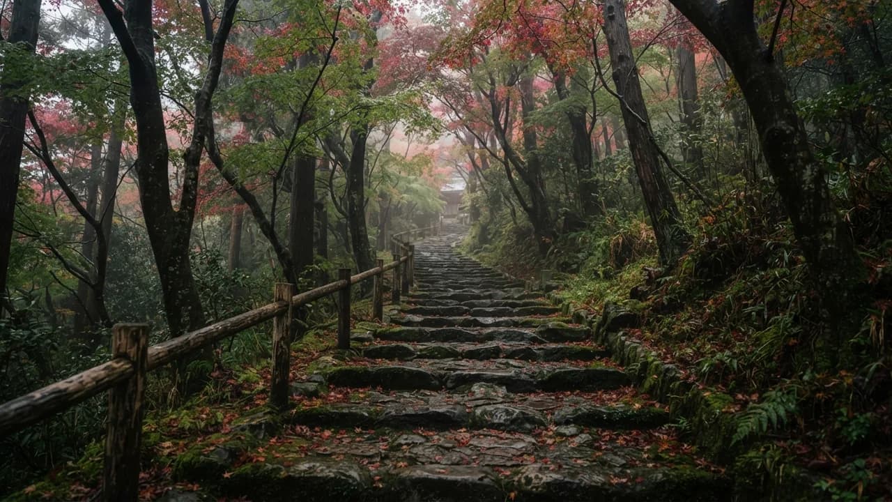 A mossy stone stairway climbing through a hillside forest of Japanese maples near Kyoto, leaves half turned red, in soft misty morning light.
