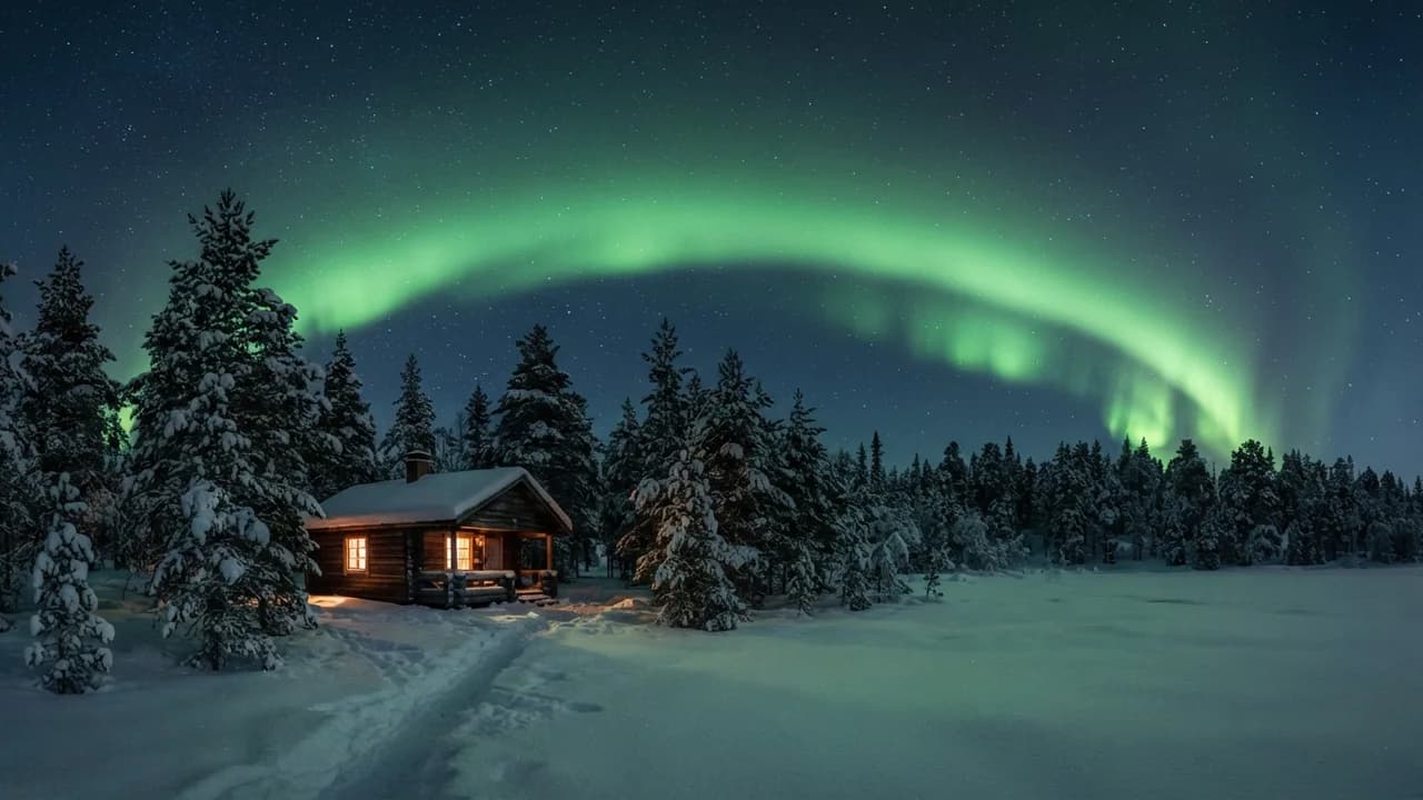 绿色极光横过拉普兰积雪松林的夜空，林缘一座小木屋亮着一扇暖色的窗