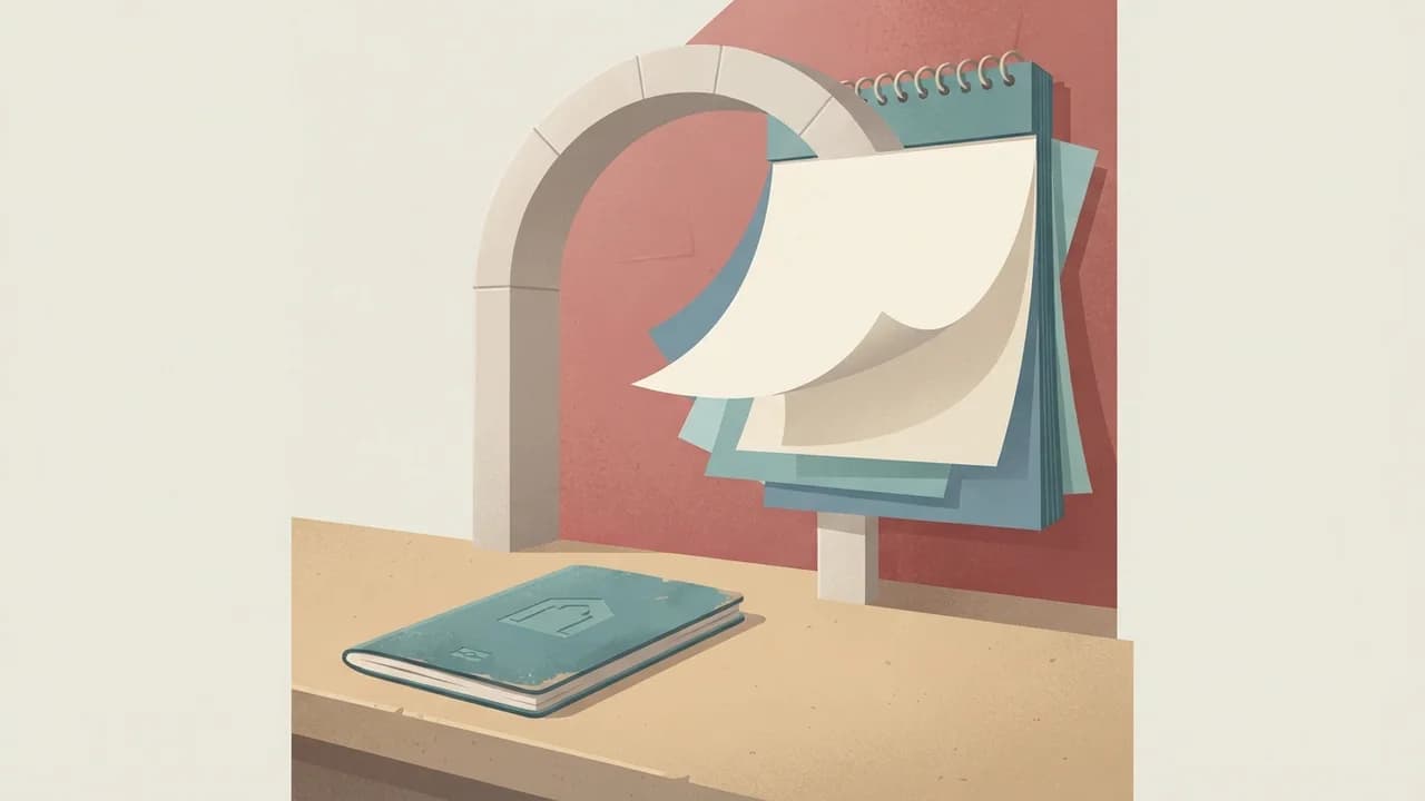 Flat editorial illustration of an open passport on a border-control counter under an arched gate, with a large wall calendar behind it caught mid-page-turn, in muted teal, sand and faded red