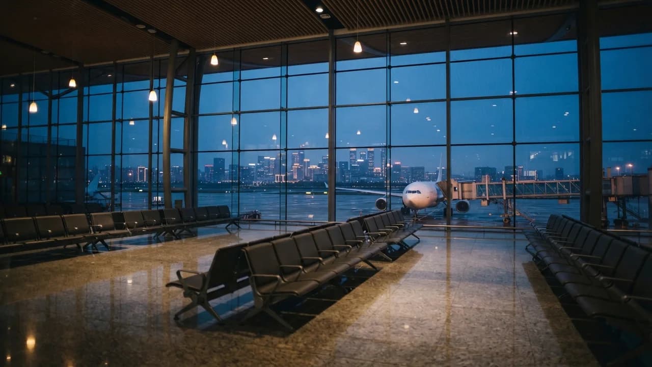 A quiet airport departures hall at dusk, its glass wall looking out to an aircraft on the taxiway and a distant city skyline under a blue evening sky.