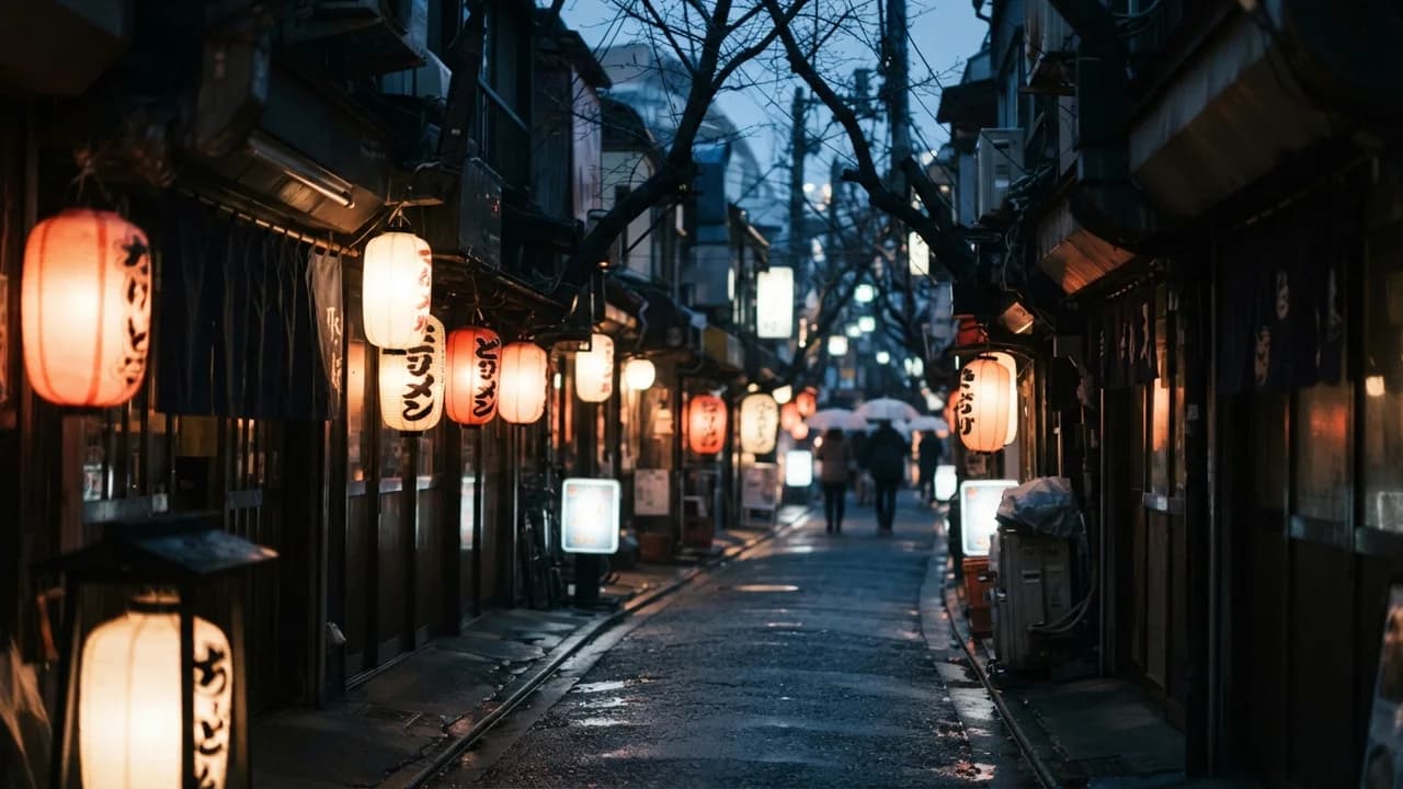 A narrow Osaka street at winter dusk at eye level, warm paper lanterns glowing along both sides, bare trees and damp asphalt reflecting the light.