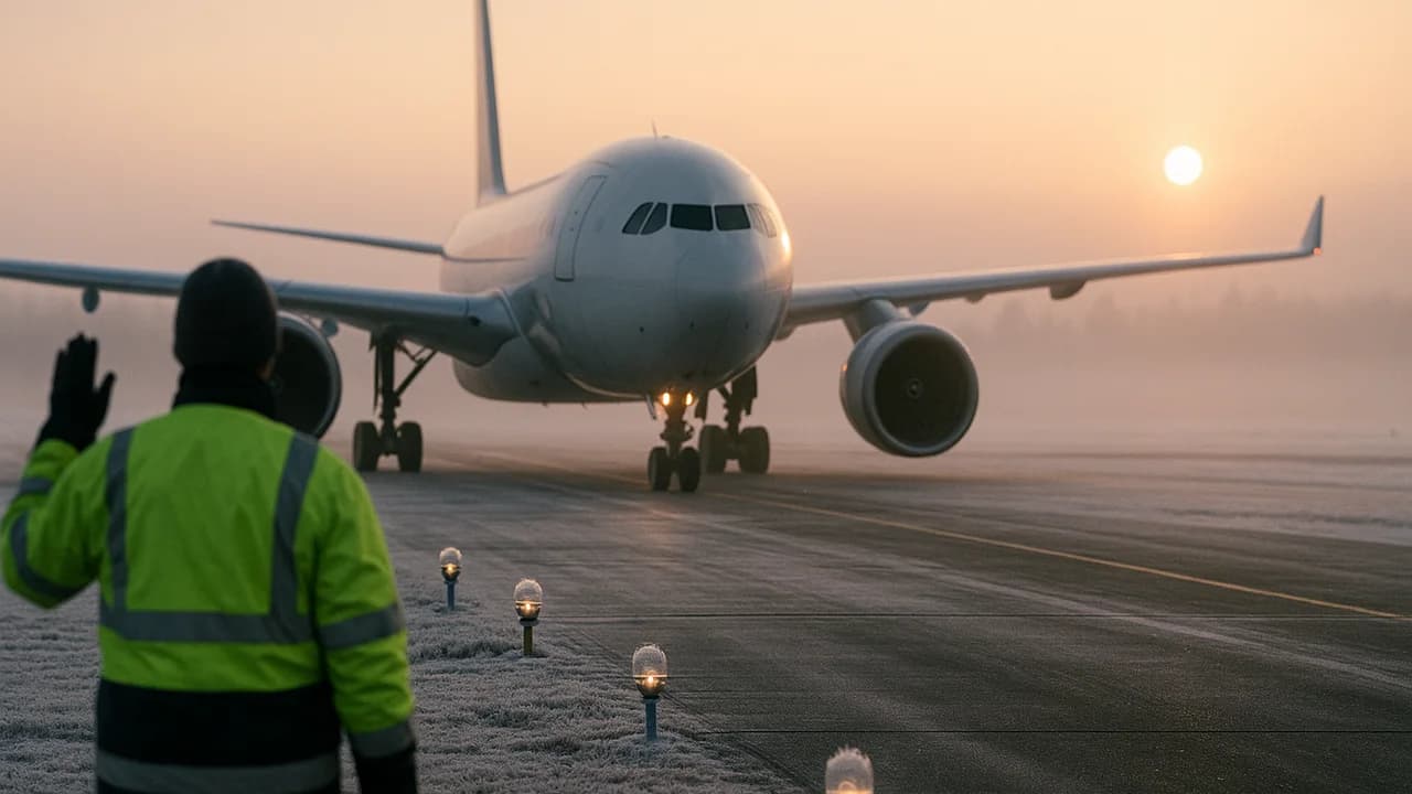 A widebody airliner taxiing across a snow dusted Nordic airport apron at winter dawn with a marshaller in the foreground