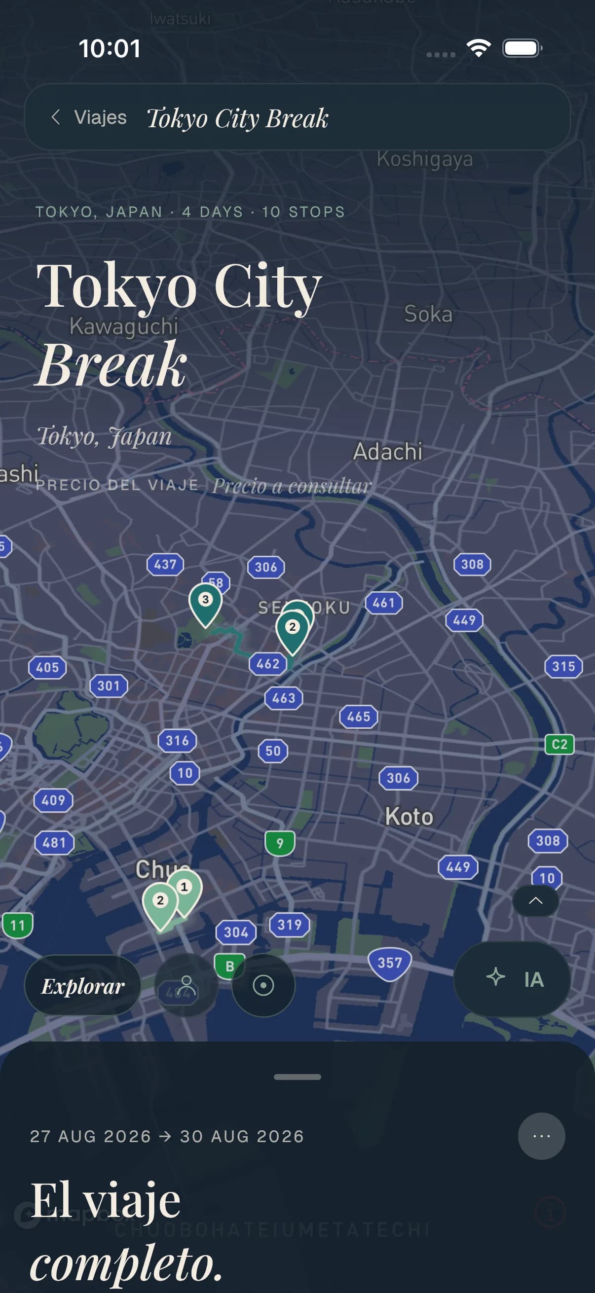 Un viaje de Travolp en un mapa en vivo de Tokio con paradas numeradas a lo largo de la ruta del día.