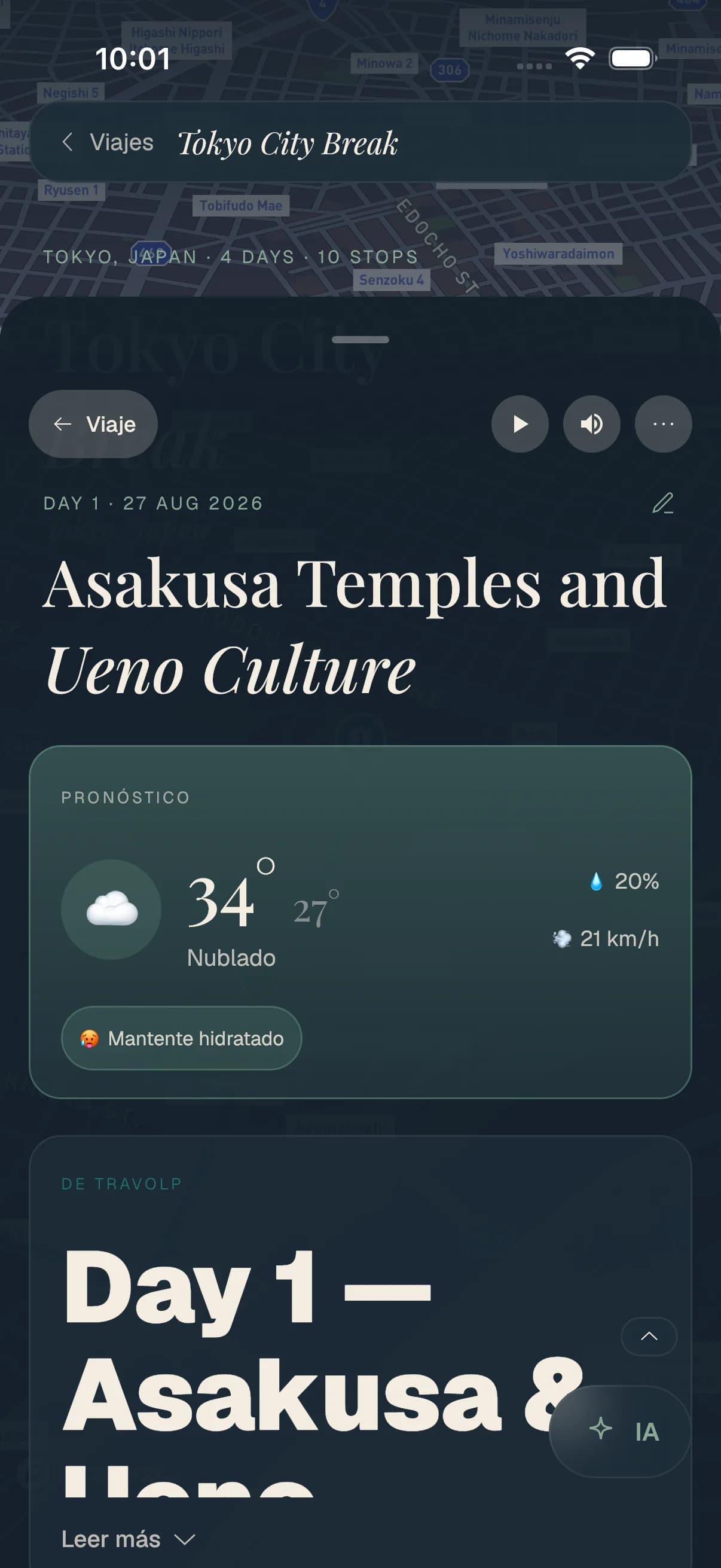 Un plan de día de Travolp con una tarjeta del tiempo: un día caluroso y nublado en Tokio con un aviso para hidratarse.