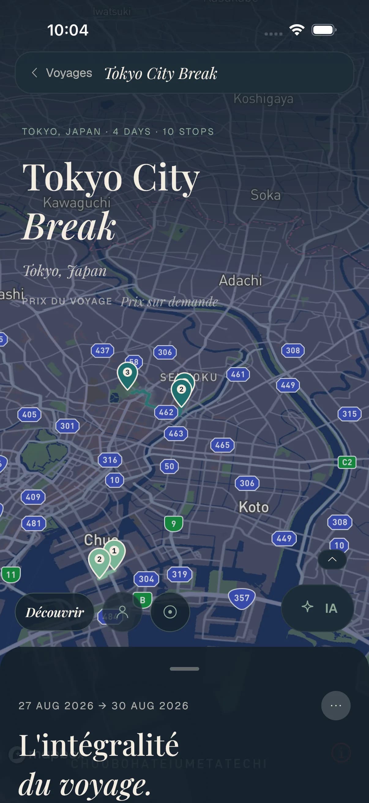 Un voyage Travolp sur une carte en direct de Tokyo avec des étapes numérotées le long de l'itinéraire.