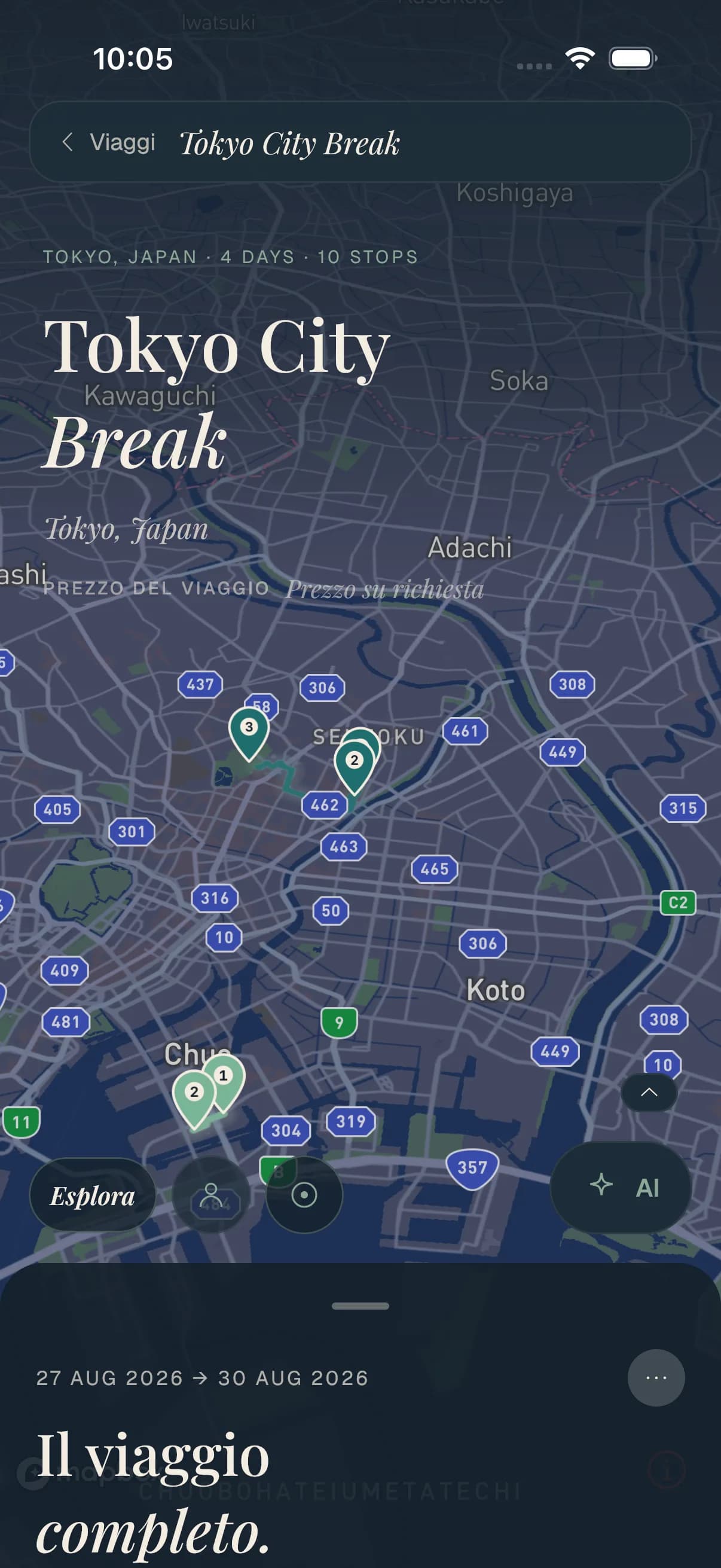 Un viaggio Travolp su una mappa dal vivo di Tokyo con tappe numerate lungo il percorso del giorno.