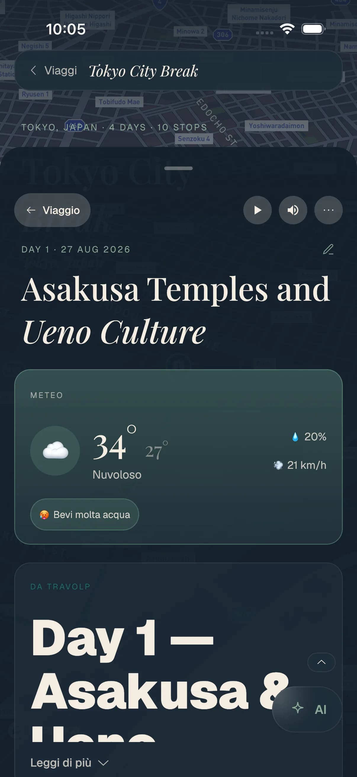 Un programma di giornata Travolp con una scheda meteo: una giornata calda e nuvolosa a Tokyo con un avviso di idratarsi.