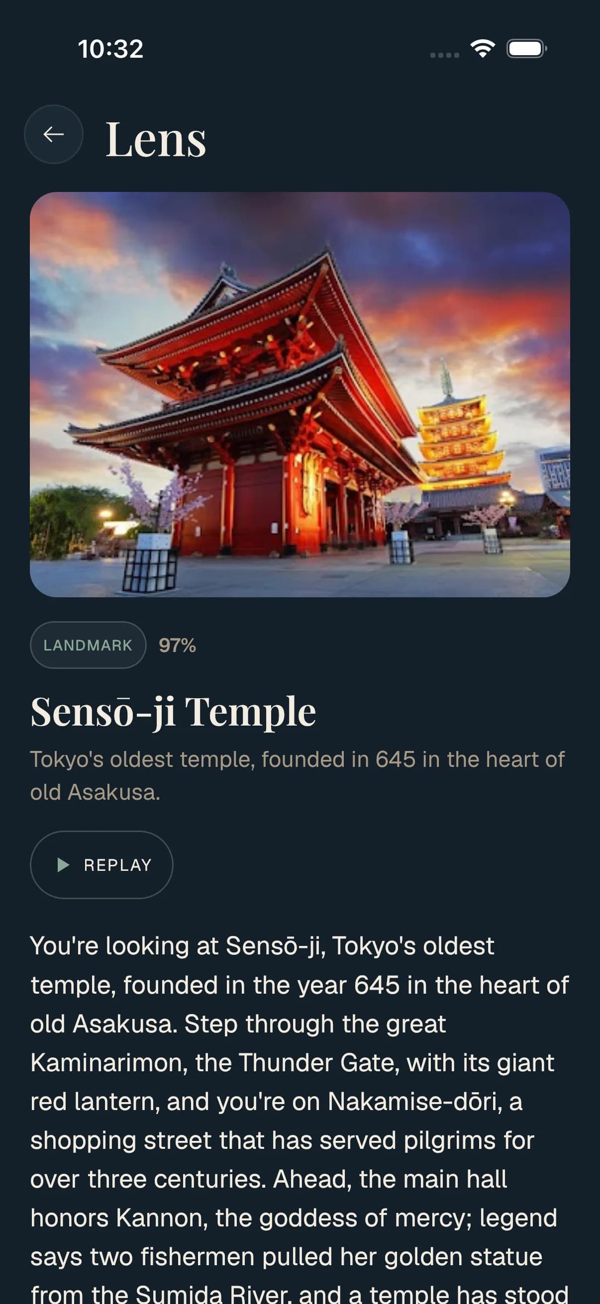 Travolp Lens result, an identified museum artifact with an AI-narrated audio guide