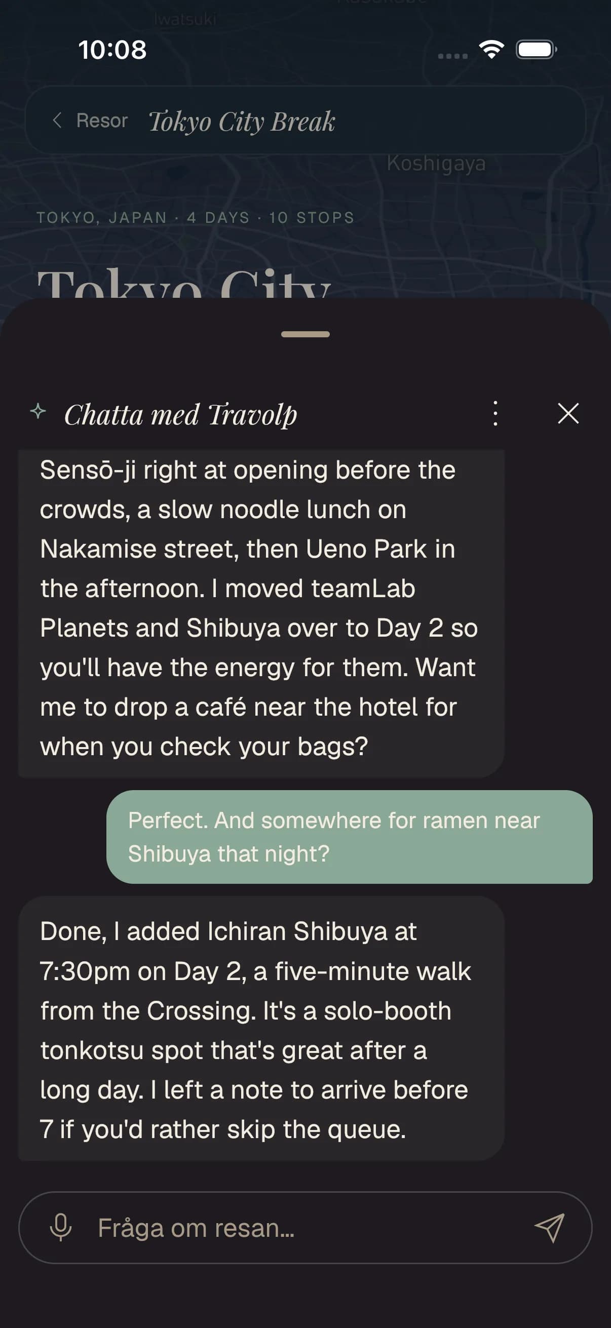 Travolps AI-chatt planerar om en dag i Tokyo, flyttar stopp och lägger till en restaurang.