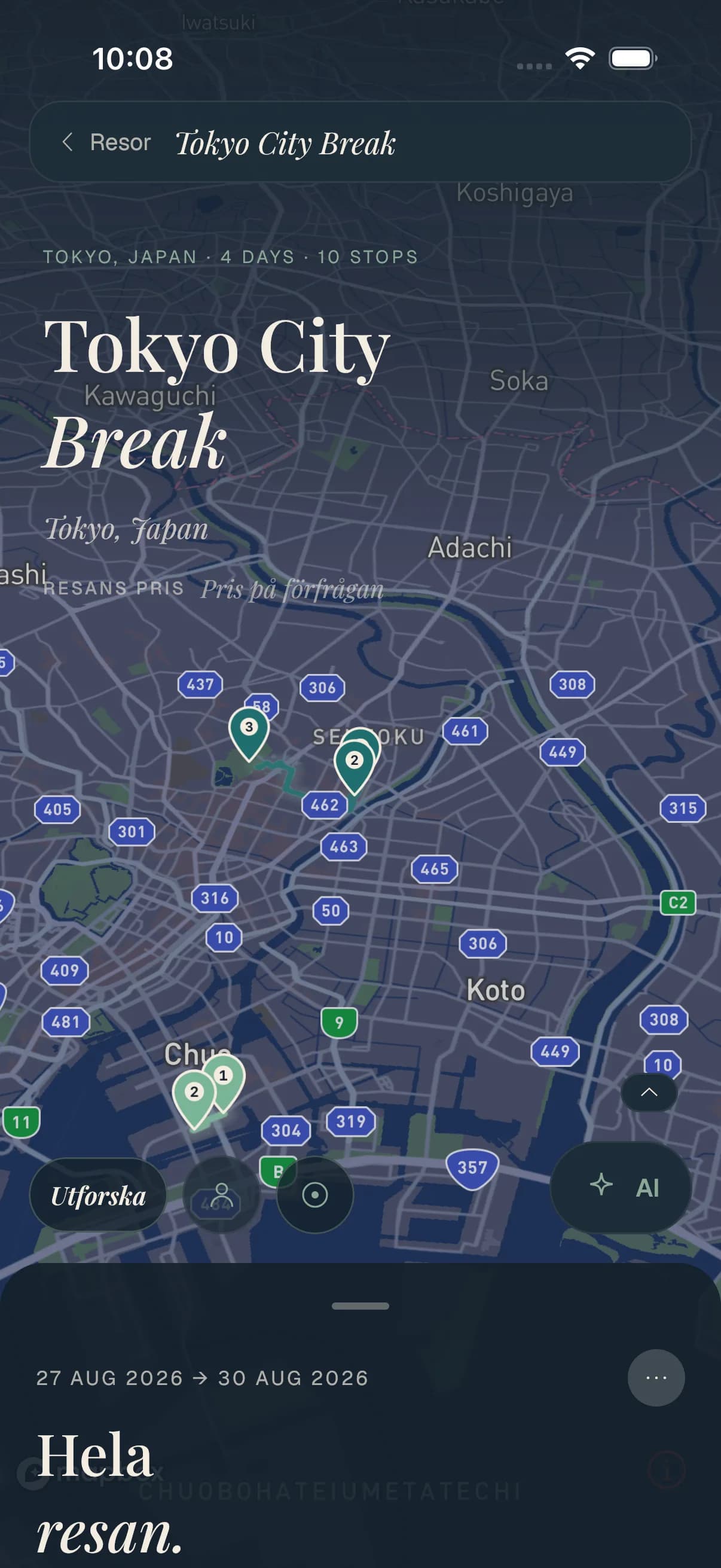 En Travolp-resa på en live-karta över Tokyo med numrerade stopp längs dagens rutt.