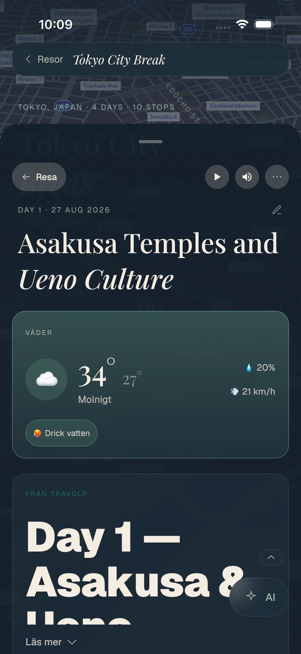 En Travolp-dagsplan med ett väderkort: en het, molnig dag i Tokyo med en uppmaning att dricka vatten.