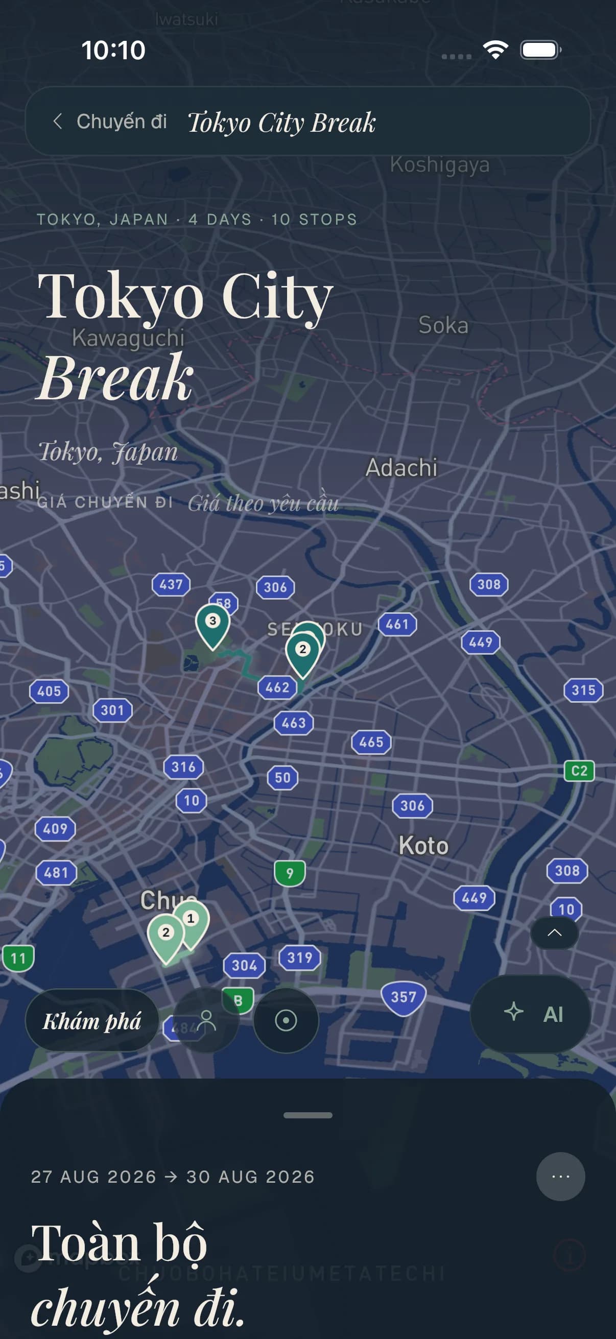 Một chuyến đi Travolp trên bản đồ trực tiếp của Tokyo với các điểm dừng được đánh số dọc lộ trình trong ngày.