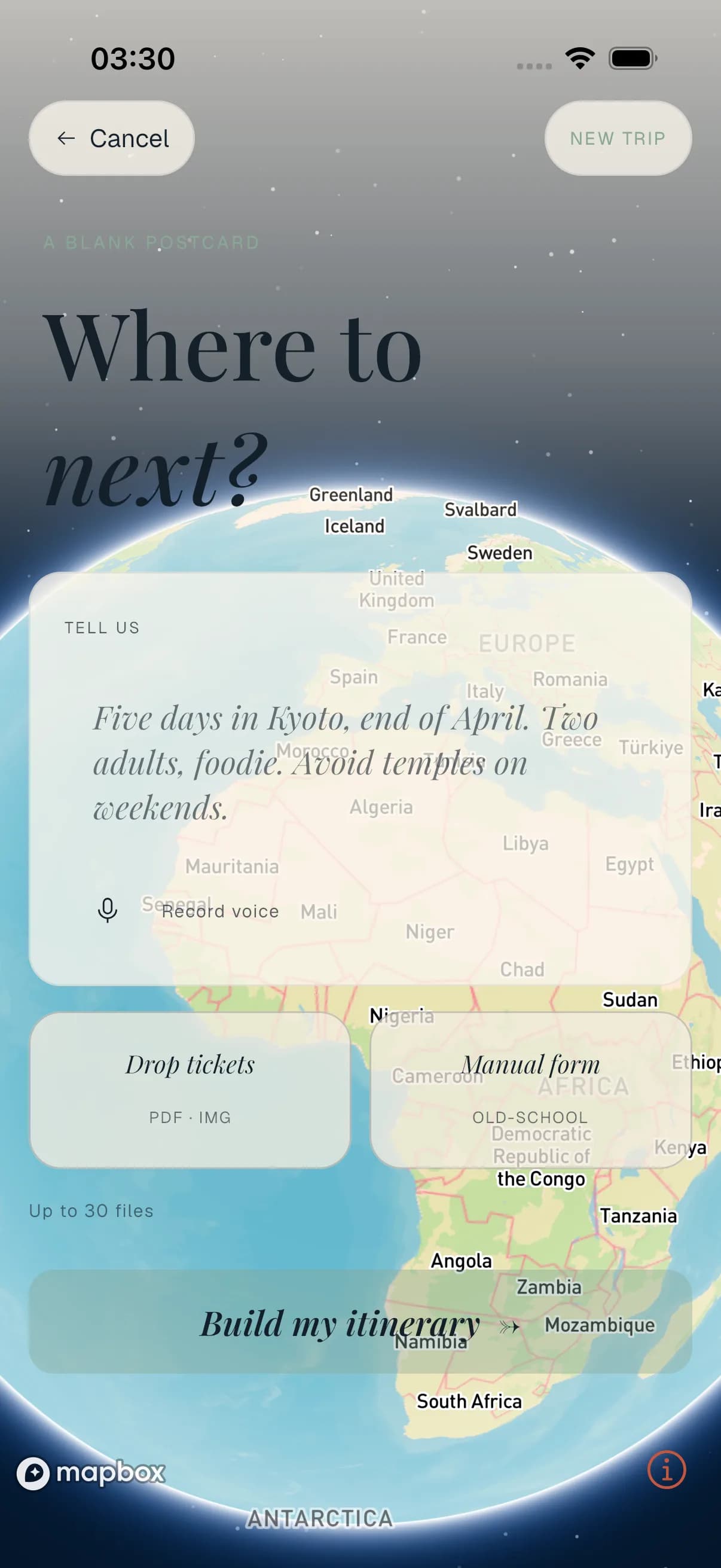 Travolp's new-trip postcard: describe the trip, record a voice note, or drop booking PDFs and photos, and AI builds the itinerary.